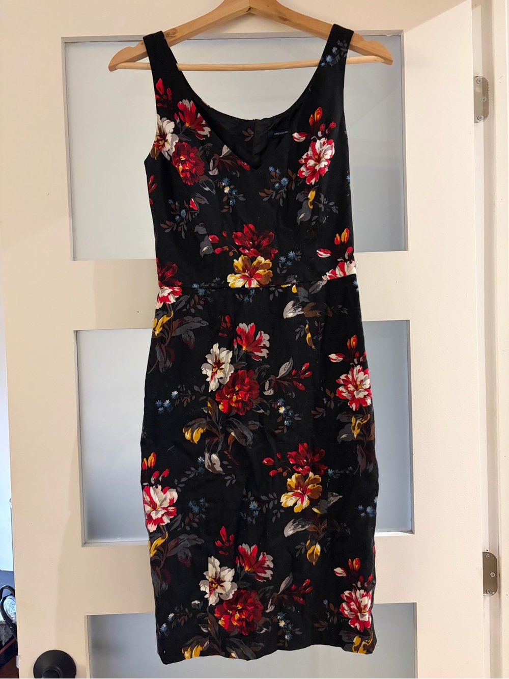 French Connection black floral fitted midi dress